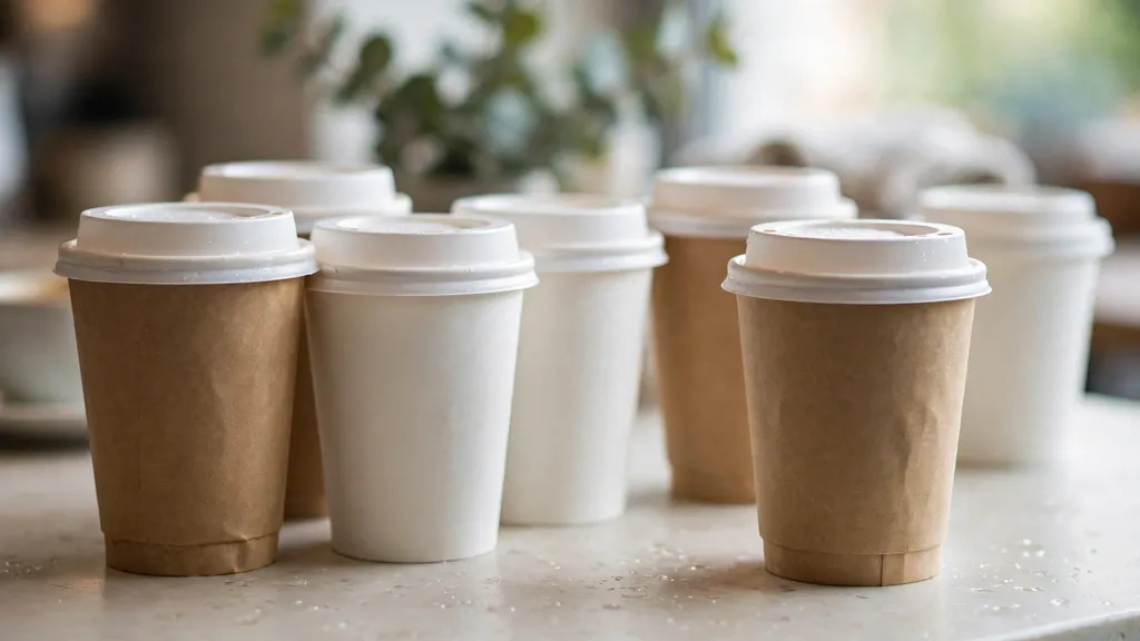 Kraft and white paper coffee cups with lids on a cafe counter