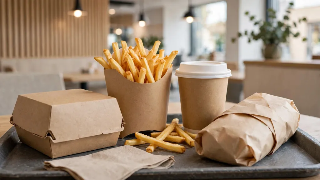 Fast food packaging set with burger box, fries carton and paper cup on a tray