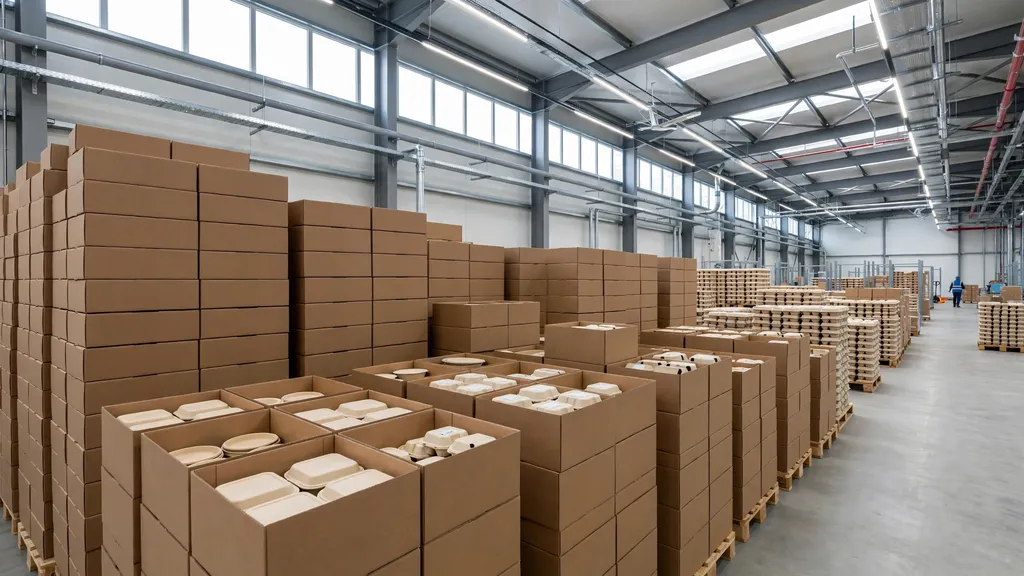 Warehouse stacks of cartons filled with food packaging containers